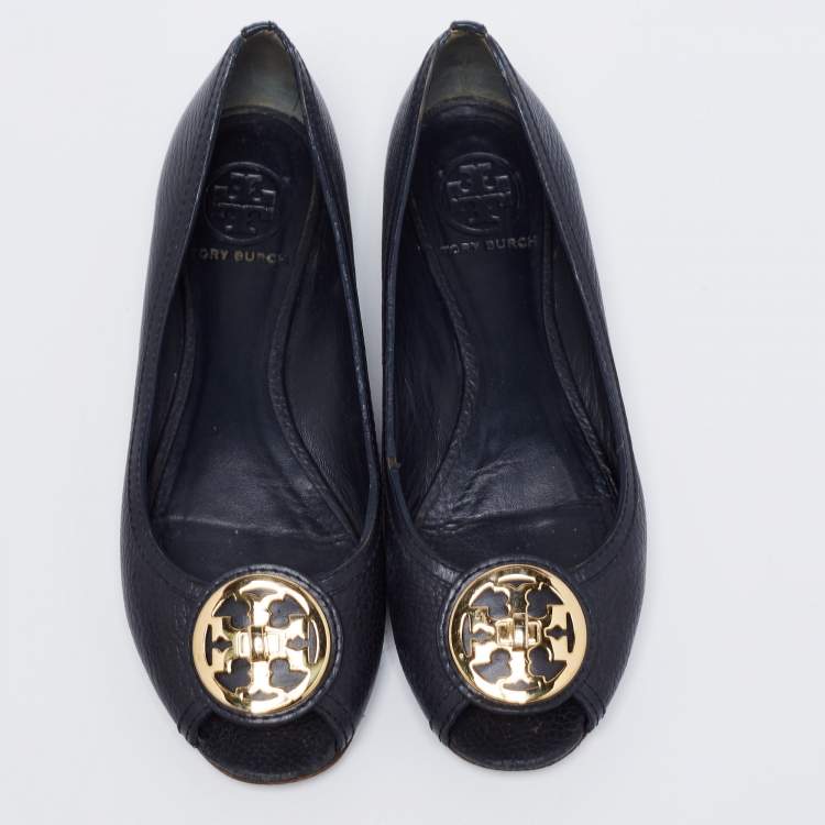 Pre Owned Tory Burch Navy Blue Leather Peep Toe Ballet Flats Size 37