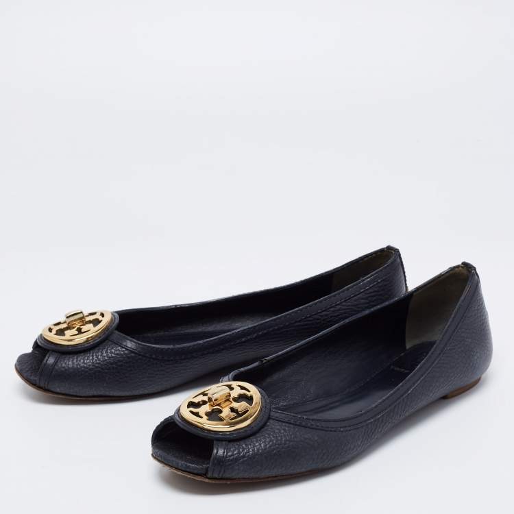 Pre Owned Tory Burch Navy Blue Leather Peep Toe Ballet Flats Size 37