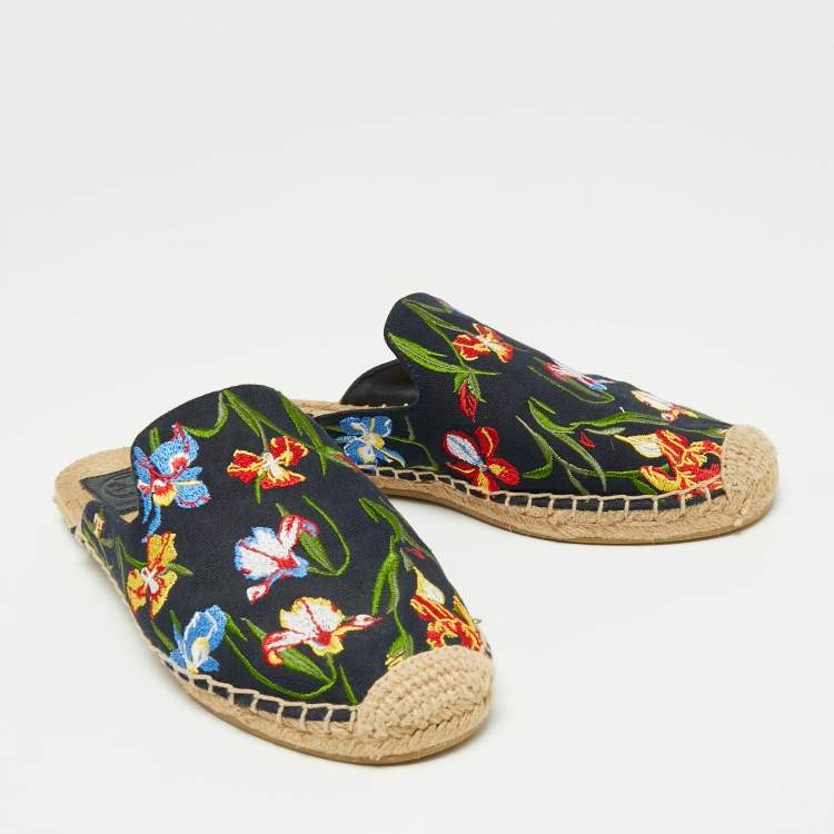 Pre Owned Tory Burch Navy Canvas Floral Espadrille Mule Sandals Size 39
