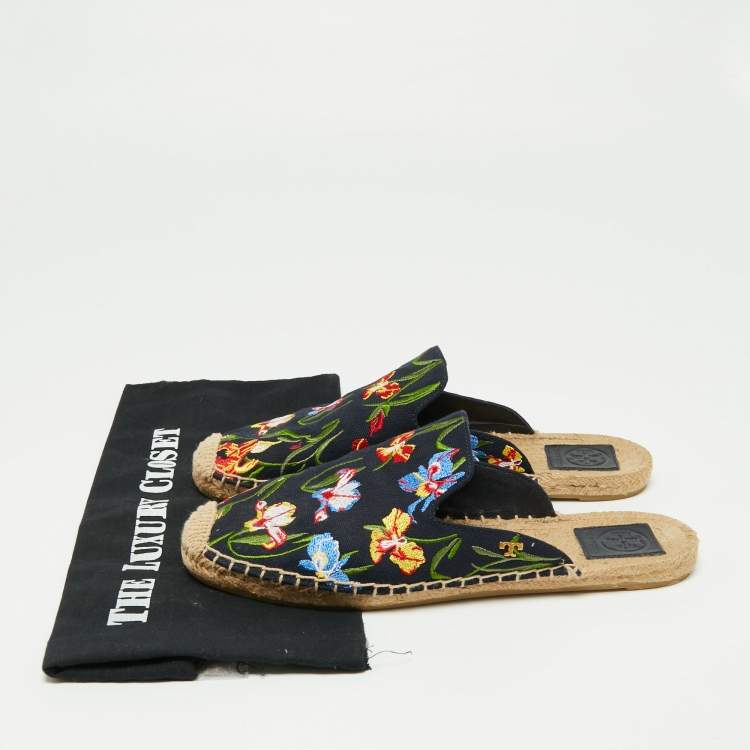 Pre Owned Tory Burch Navy Canvas Floral Espadrille Mule Sandals Size 39