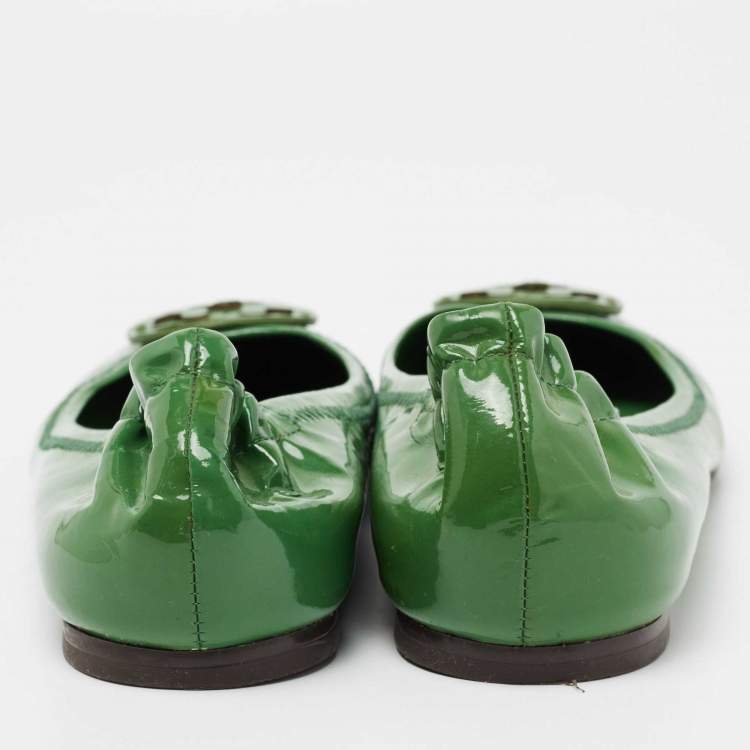 Pre Owned Tory Burch Green Patent Leather Scrunch Ballet Flats Size 38