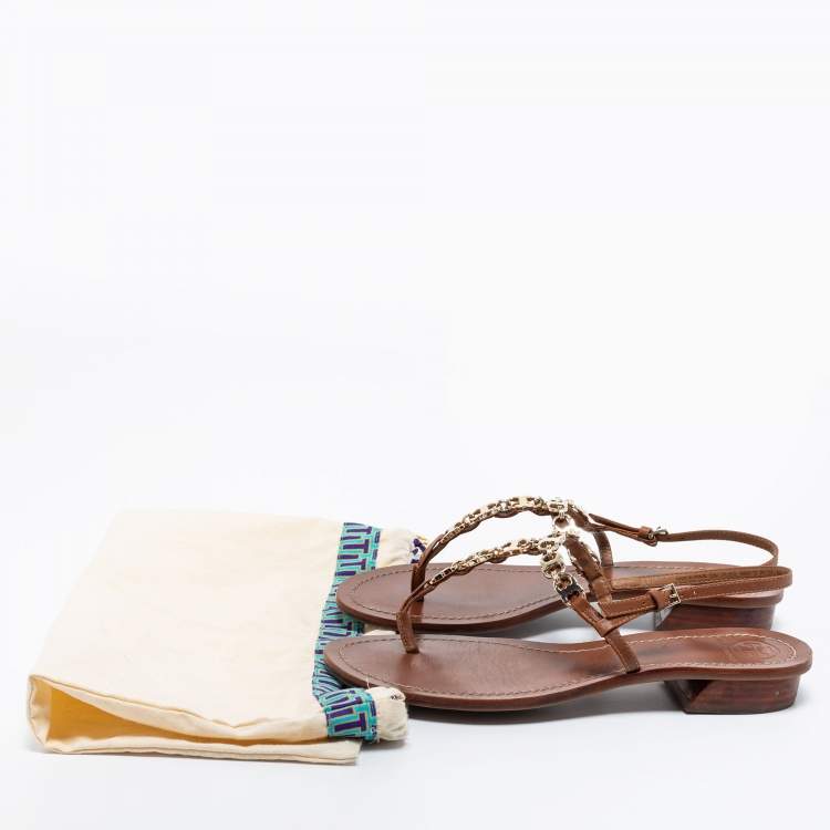Pre Owned Tory Burch Brown Leather T Strap Flat Sandals Size 39