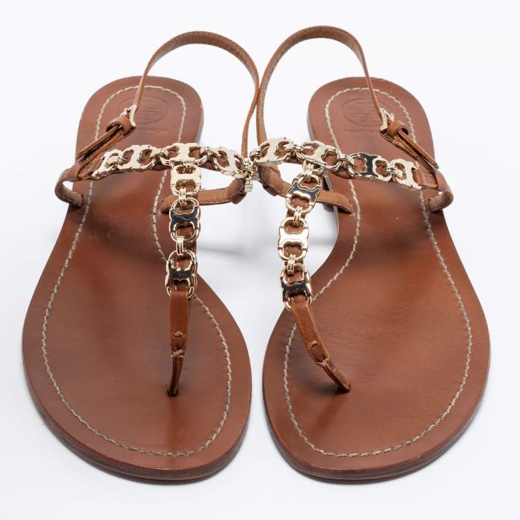Pre Owned Tory Burch Brown Leather T Strap Flat Sandals Size 39