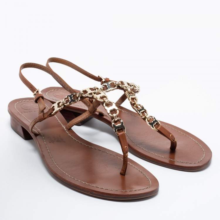 Pre Owned Tory Burch Brown Leather T Strap Flat Sandals Size 39