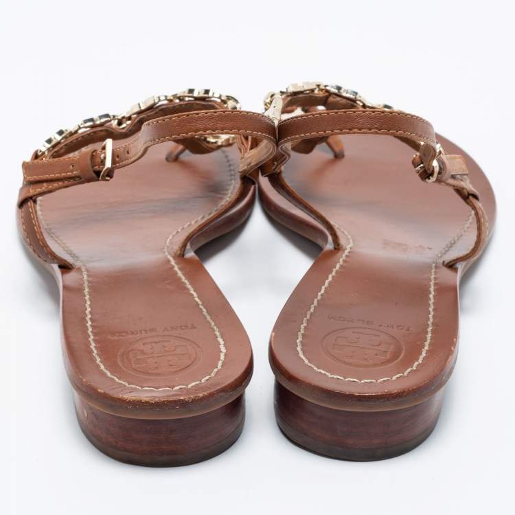 Pre Owned Tory Burch Brown Leather T Strap Flat Sandals Size 39