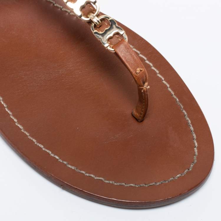 Pre Owned Tory Burch Brown Leather T Strap Flat Sandals Size 39