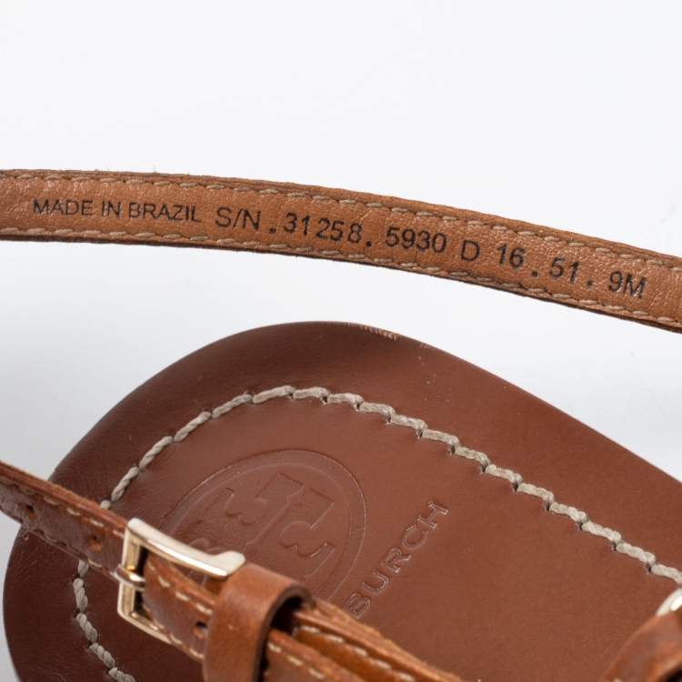 Pre Owned Tory Burch Brown Leather T Strap Flat Sandals Size 39