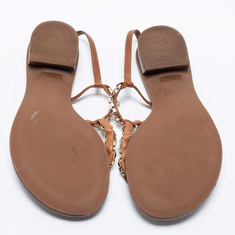 Pre Owned Tory Burch Brown Leather T Strap Flat Sandals Size 39
