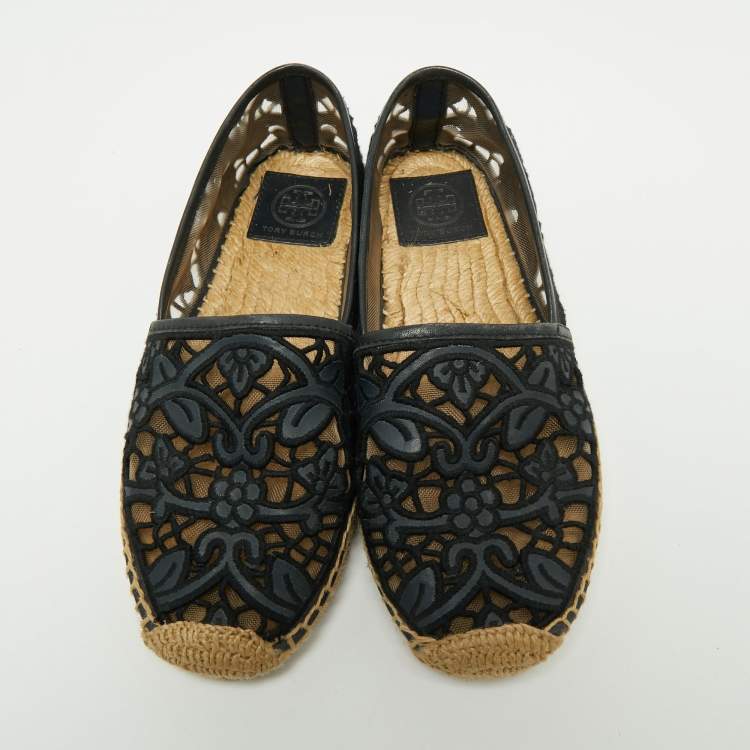 Pre Owned Tory Burch Navy Blue Leather And Mesh Jacki Espadrille Flats Size 37.5