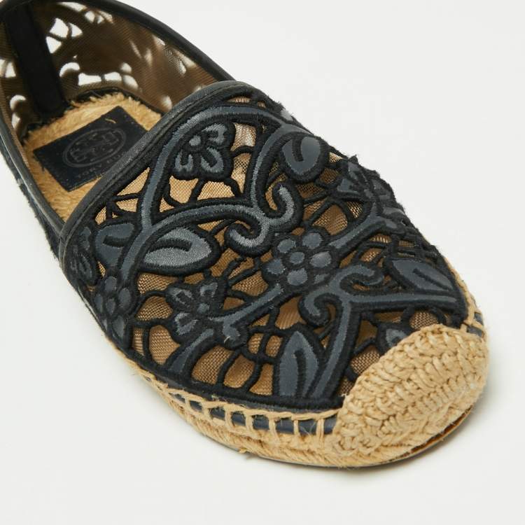 Pre Owned Tory Burch Navy Blue Leather And Mesh Jacki Espadrille Flats Size 37.5