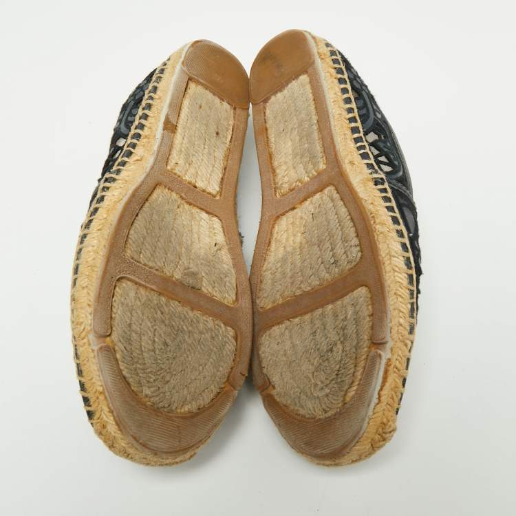 Pre Owned Tory Burch Navy Blue Leather And Mesh Jacki Espadrille Flats Size 37.5