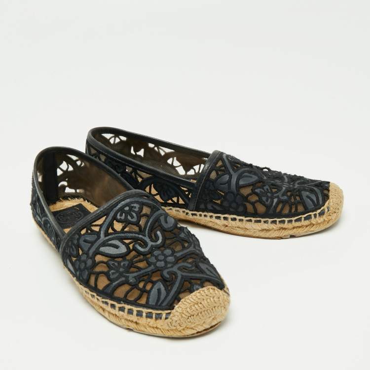 Pre Owned Tory Burch Navy Blue Leather And Mesh Jacki Espadrille Flats Size 37.5