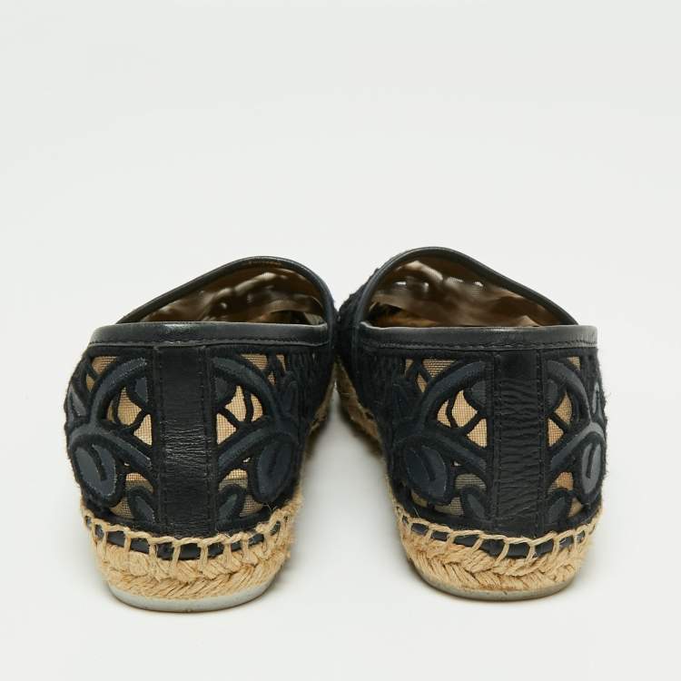 Pre Owned Tory Burch Navy Blue Leather And Mesh Jacki Espadrille Flats Size 37.5