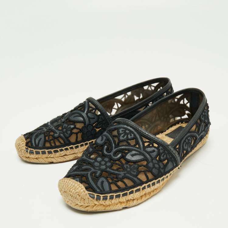 Pre Owned Tory Burch Navy Blue Leather And Mesh Jacki Espadrille Flats Size 37.5