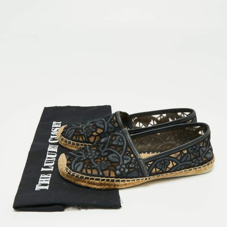Pre Owned Tory Burch Navy Blue Leather And Mesh Jacki Espadrille Flats Size 37.5