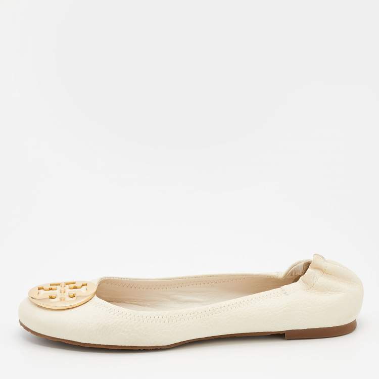 Pre Owned Tory Burch Off-White Leather Reva Scrunch Ballet Flats Size 40