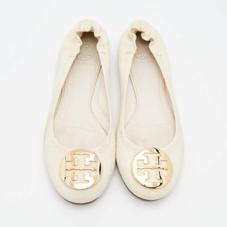 Pre Owned Tory Burch Off-White Leather Reva Scrunch Ballet Flats Size 40