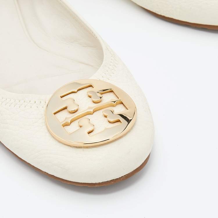Pre Owned Tory Burch Off-White Leather Reva Scrunch Ballet Flats Size 40
