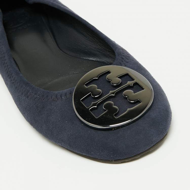 Pre Owned Tory Burch Navy Blue Suede Minnie Scrunch Ballet Flats Size 35.5