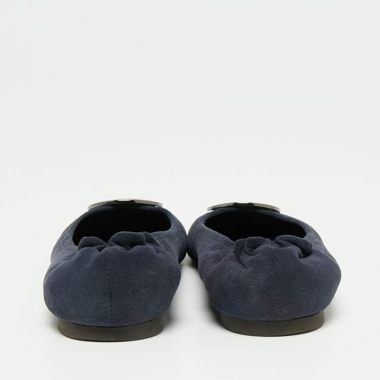 Pre Owned Tory Burch Navy Blue Suede Minnie Scrunch Ballet Flats Size 35.5