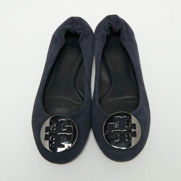 Pre Owned Tory Burch Navy Blue Suede Minnie Scrunch Ballet Flats Size 35.5
