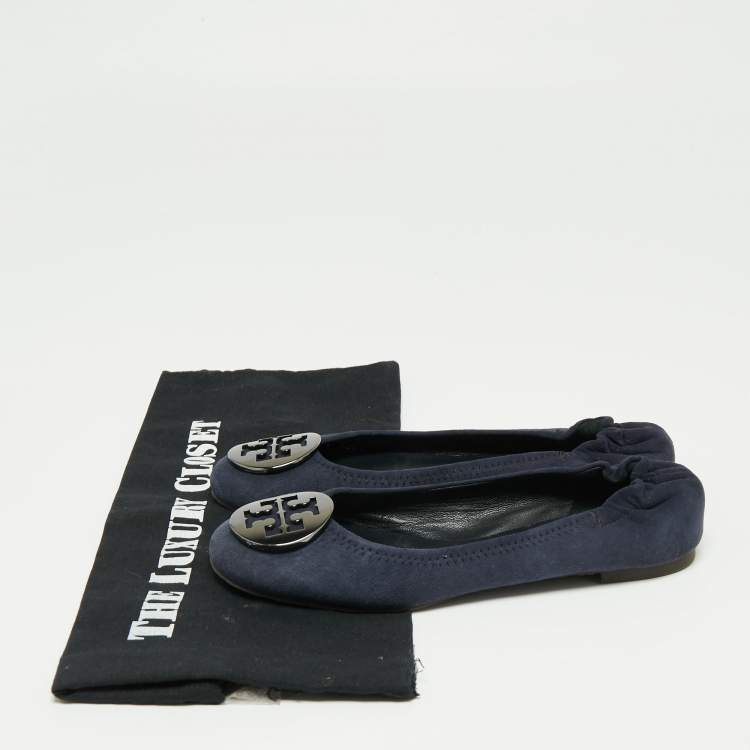 Pre Owned Tory Burch Navy Blue Suede Minnie Scrunch Ballet Flats Size 35.5
