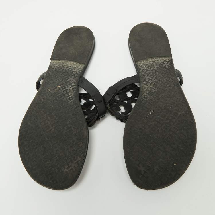 Pre Owned Tory Burch Navy Blue/Black Leather Slide Flats Size 40