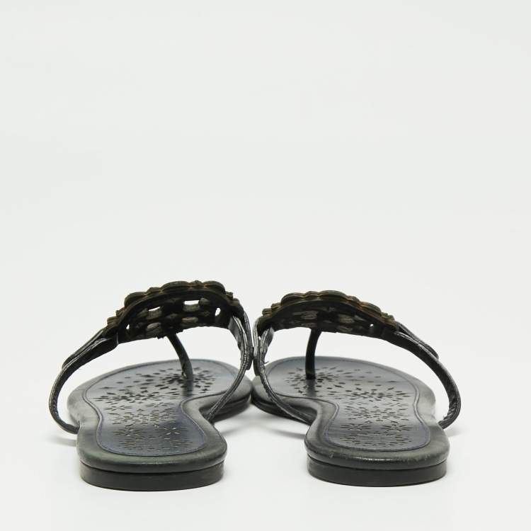 Pre Owned Tory Burch Navy Blue/Black Leather Slide Flats Size 40