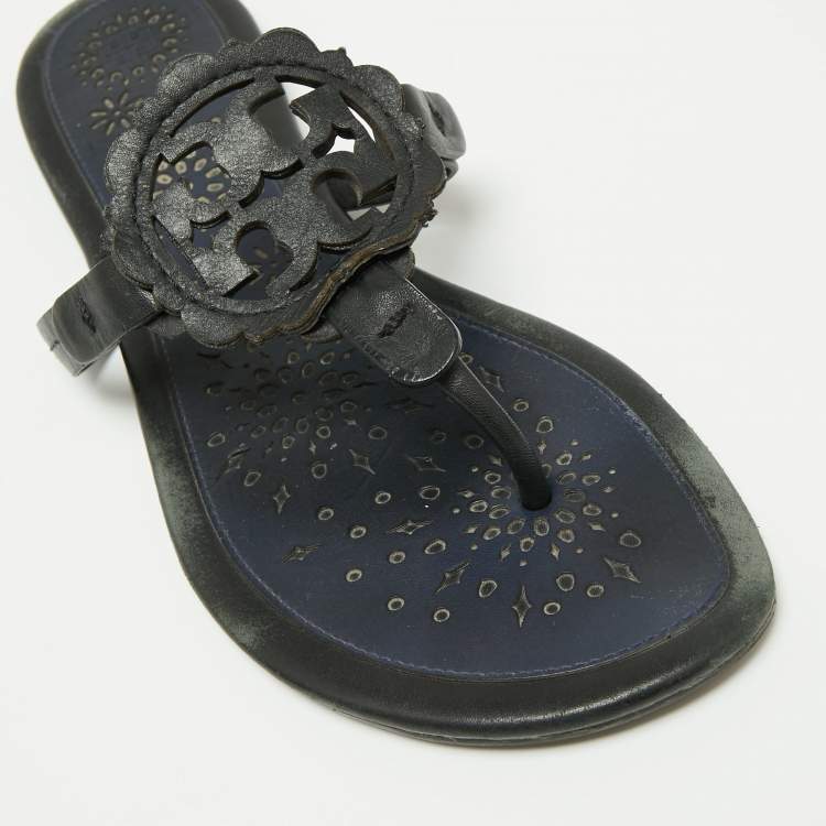 Pre Owned Tory Burch Navy Blue/Black Leather Slide Flats Size 40