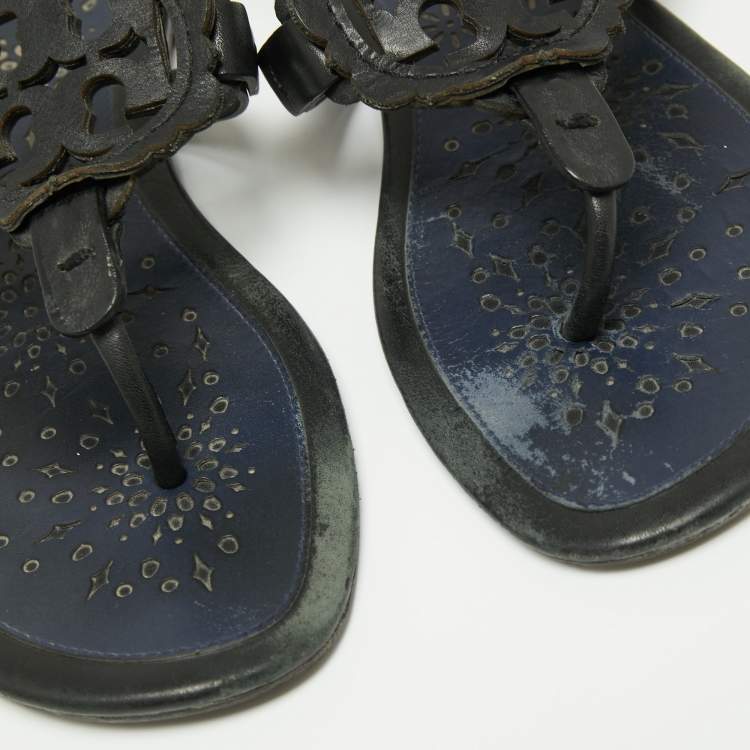 Pre Owned Tory Burch Navy Blue/Black Leather Slide Flats Size 40