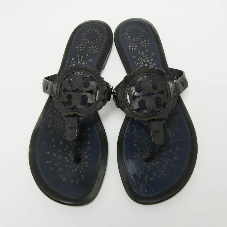 Pre Owned Tory Burch Navy Blue/Black Leather Slide Flats Size 40