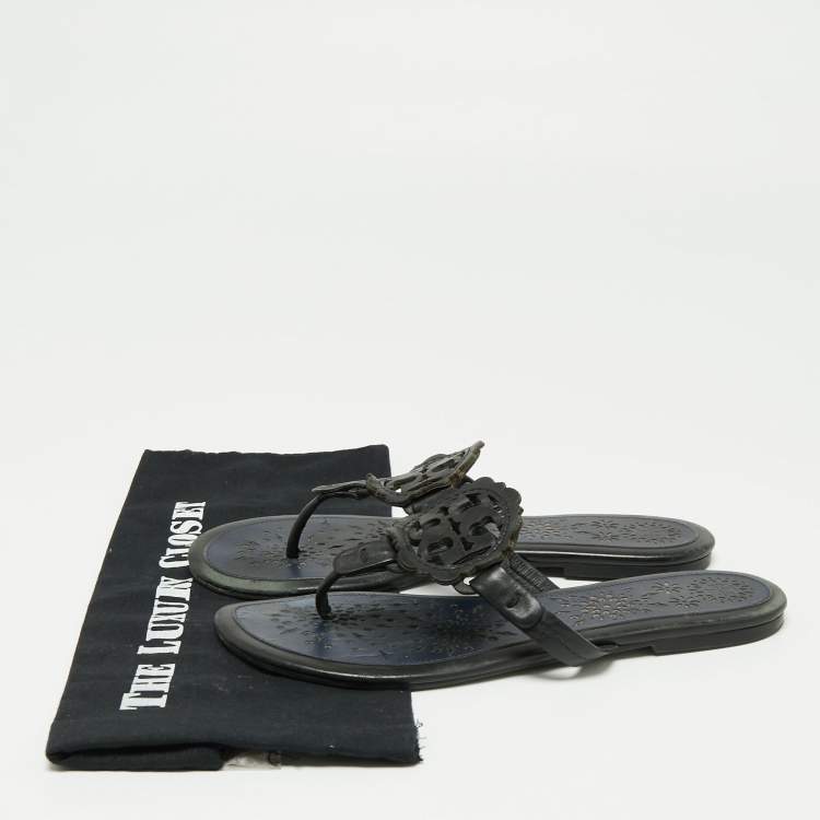 Pre Owned Tory Burch Navy Blue/Black Leather Slide Flats Size 40