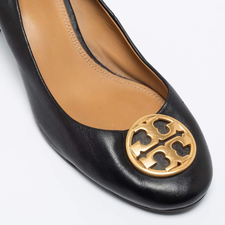 Pre Owned Tory Burch Black Leather Janey Pumps Size 40.5