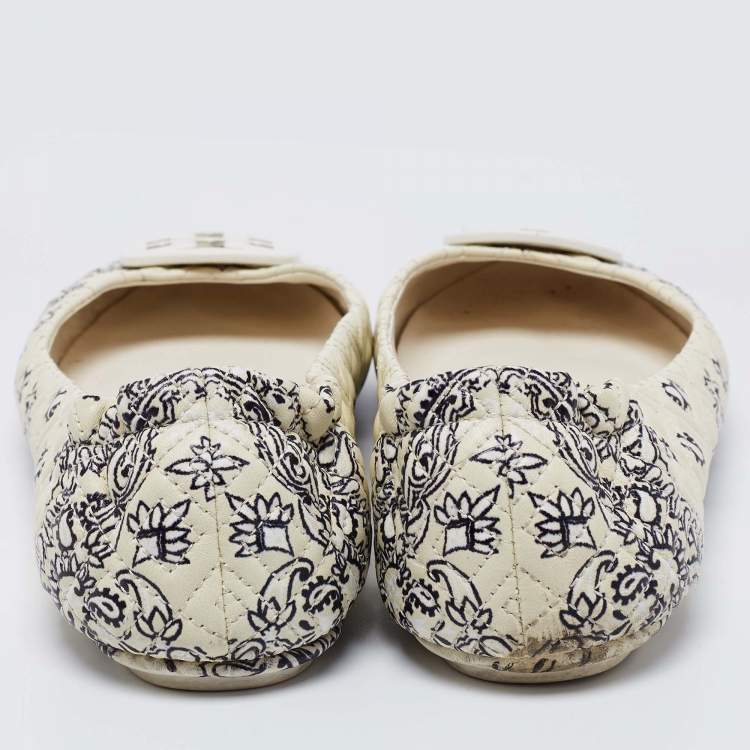 Pre Owned Tory Burch Cream/Black Quilted Printed Leather Minnie Ballet Flats Size 40