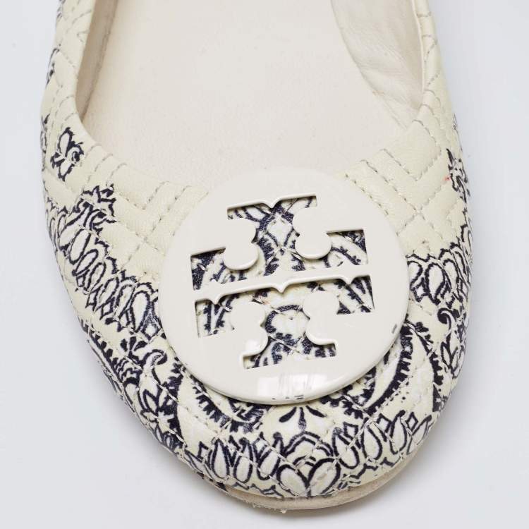 Pre Owned Tory Burch Cream/Black Quilted Printed Leather Minnie Ballet Flats Size 40