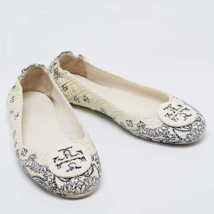Pre Owned Tory Burch Cream/Black Quilted Printed Leather Minnie Ballet Flats Size 40