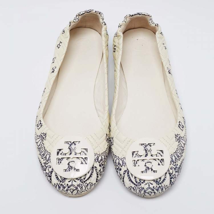 Pre Owned Tory Burch Cream/Black Quilted Printed Leather Minnie Ballet Flats Size 40