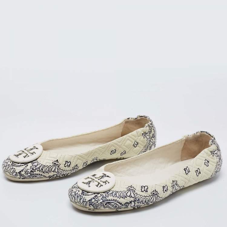 Tory Burch Cream/Black Quilted Printed Leather Minnie Ballet Flats Size 40 Tory  Burch | TLC