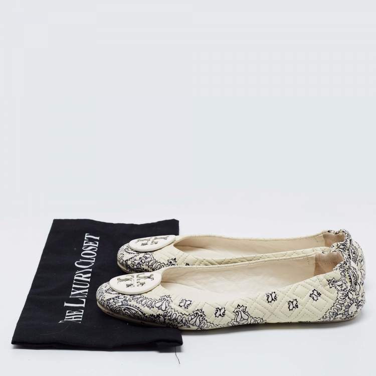 Pre Owned Tory Burch Cream/Black Quilted Printed Leather Minnie Ballet Flats Size 40