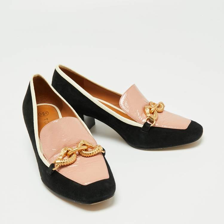 Pre Owned Tory Burch Black/Pink Suede and Patent Leather Jessa Pumps Size 37.5
