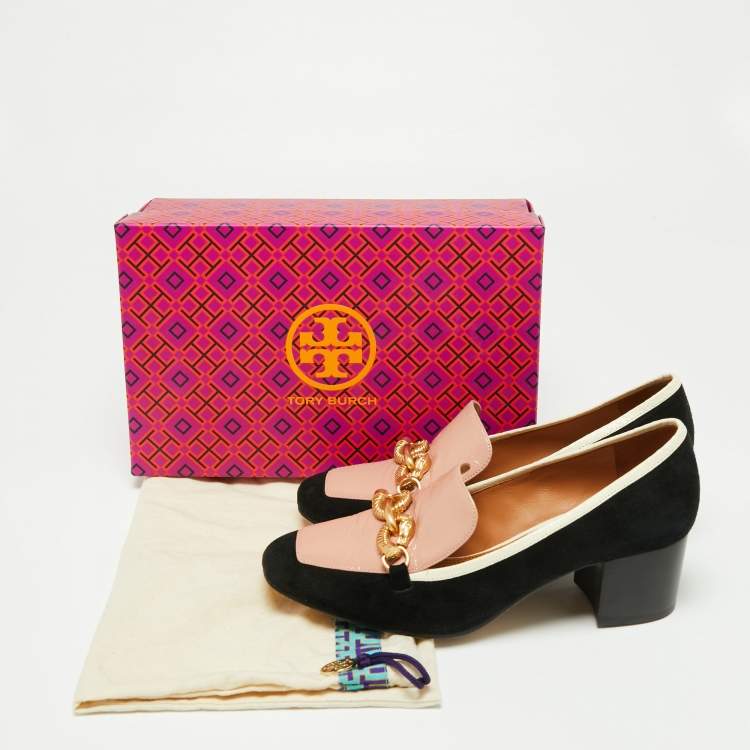 Pre Owned Tory Burch Black/Pink Suede and Patent Leather Jessa Pumps Size 37.5