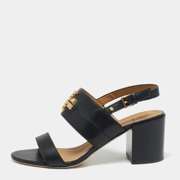 Pre Owned Tory Burch Black Leather Everly Block Heel Slingback Sandals Size 38
