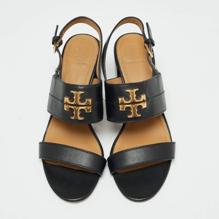 Pre Owned Tory Burch Black Leather Everly Block Heel Slingback Sandals Size 38