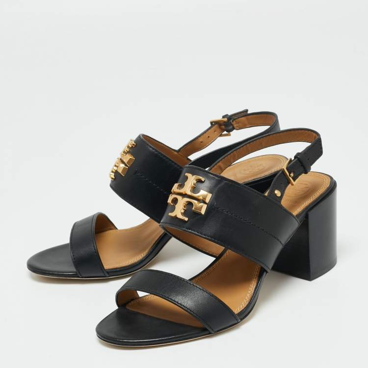Pre Owned Tory Burch Black Leather Everly Block Heel Slingback Sandals Size 38