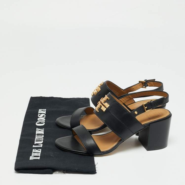 Pre Owned Tory Burch Black Leather Everly Block Heel Slingback Sandals Size 38