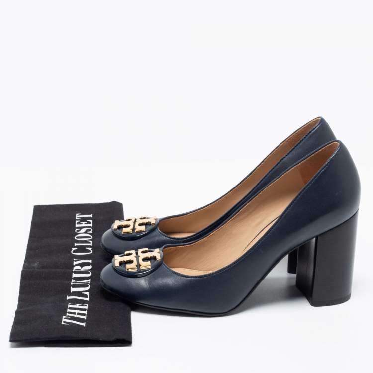 Pre Owned Tory Burch Navy Blue Leather Janey Block Heel Pumps Size 37