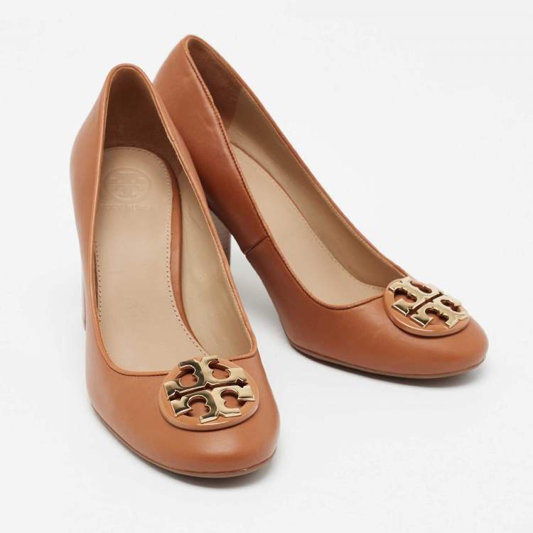 Pre Owned Tory Burch Tan Leather Janey Block Heel Pumps Size 37