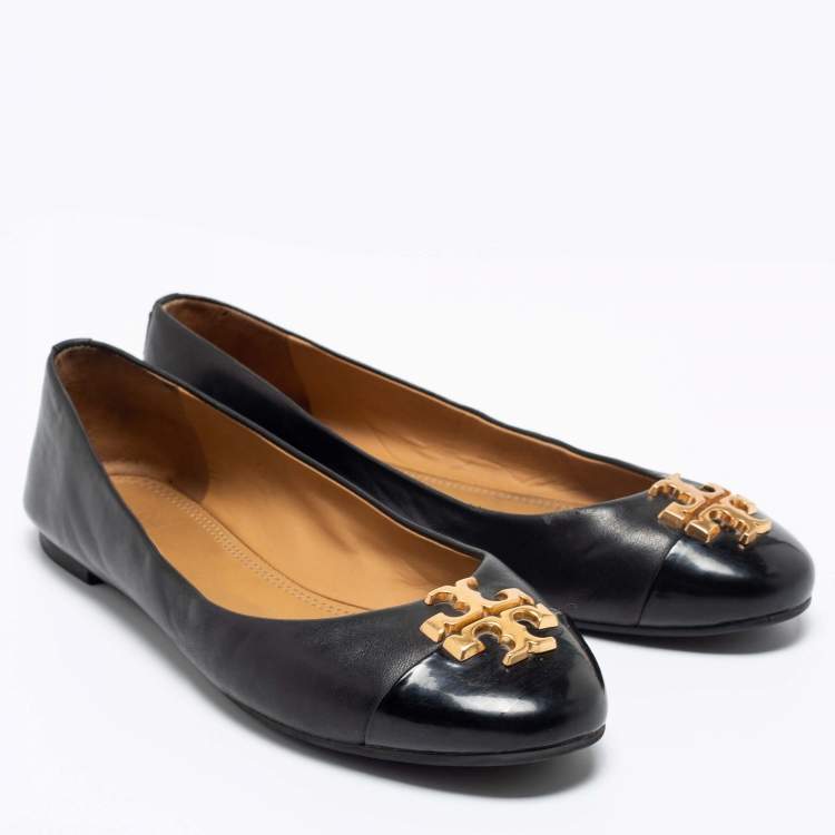 Pre Owned Tory Burch Black Leather and Patent Leather Jolie Ballet Flats Size 38