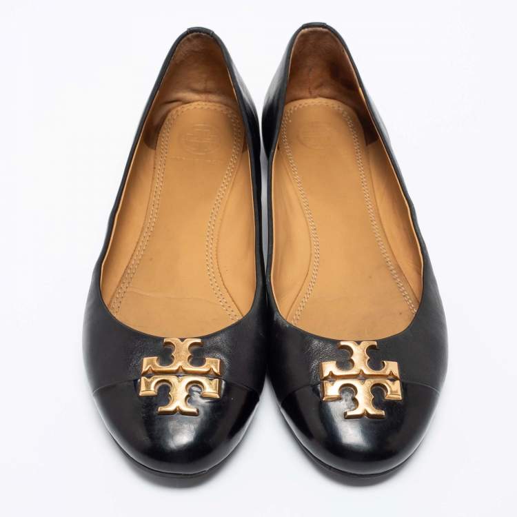 Pre Owned Tory Burch Black Leather and Patent Leather Jolie Ballet Flats Size 38