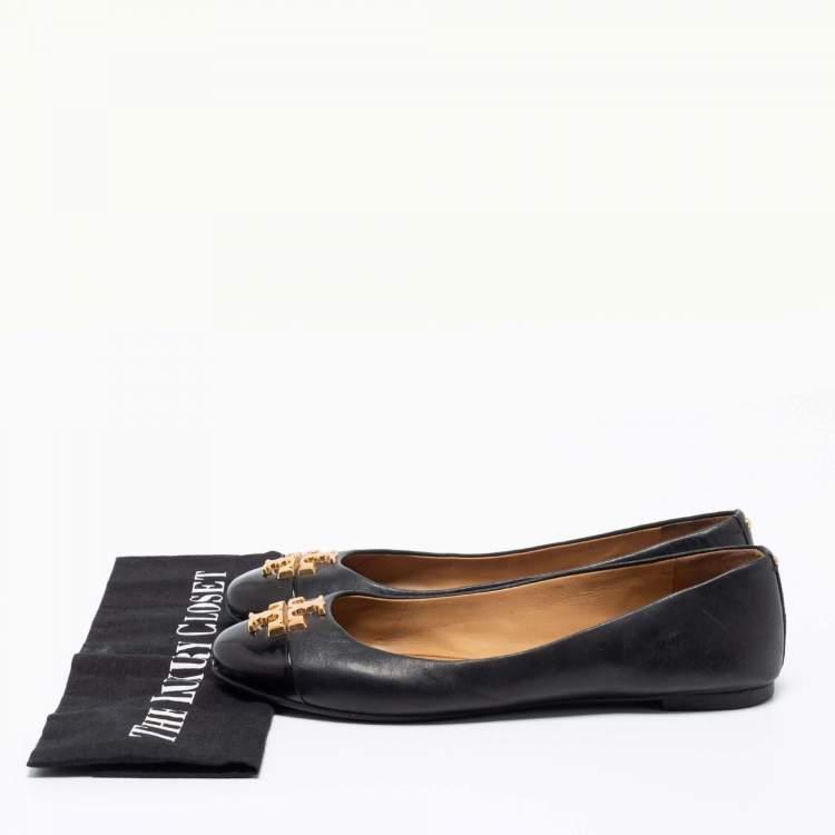 Pre Owned Tory Burch Black Leather and Patent Leather Jolie Ballet Flats Size 38